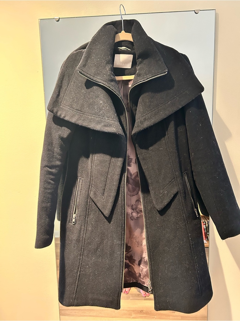 Soia & Kyo Black Wool-Blend Pea Coat with Draped Collar